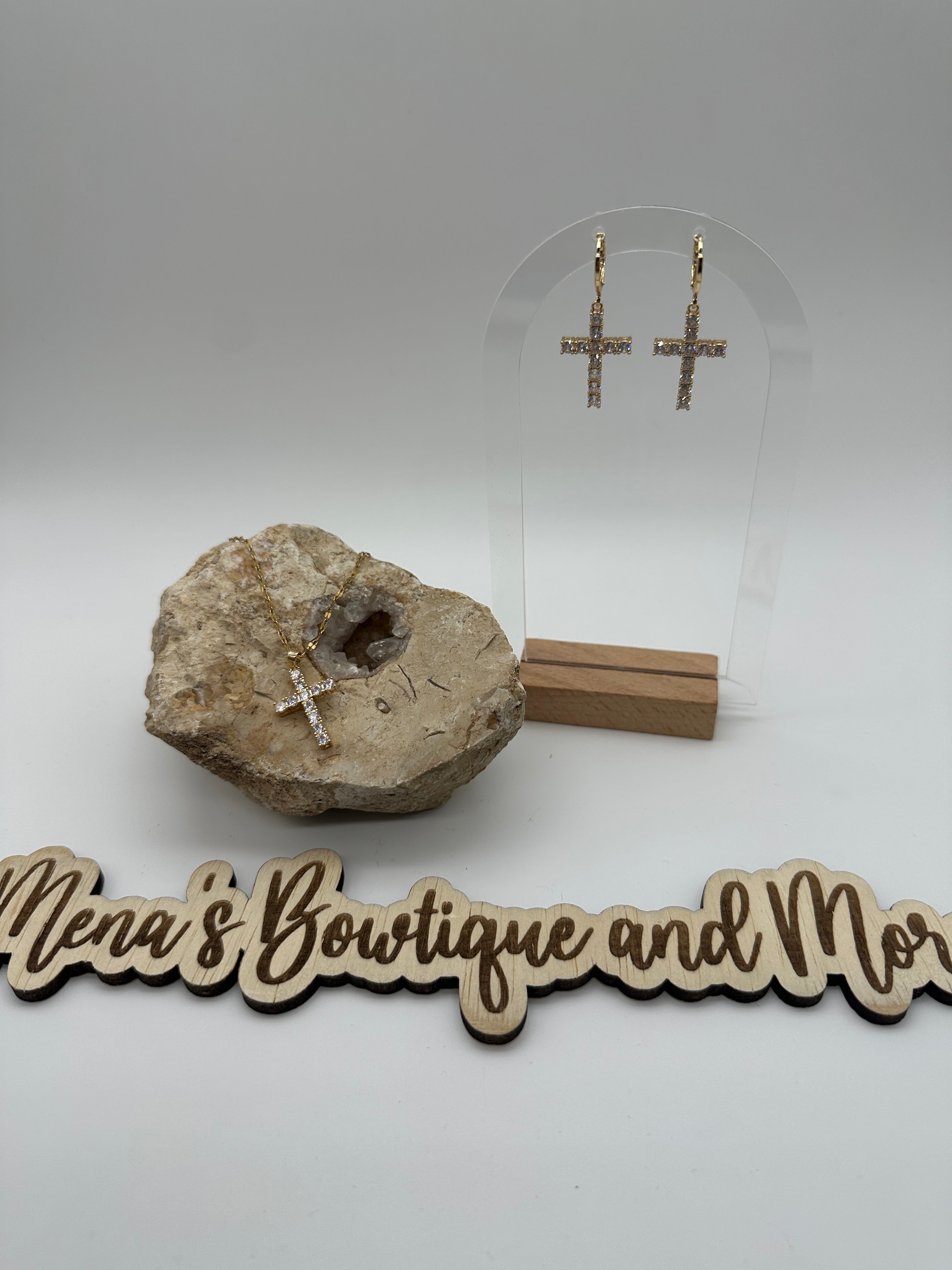 Cross Cubic Zirconia Necklaces & Earrings Assortment- Gold