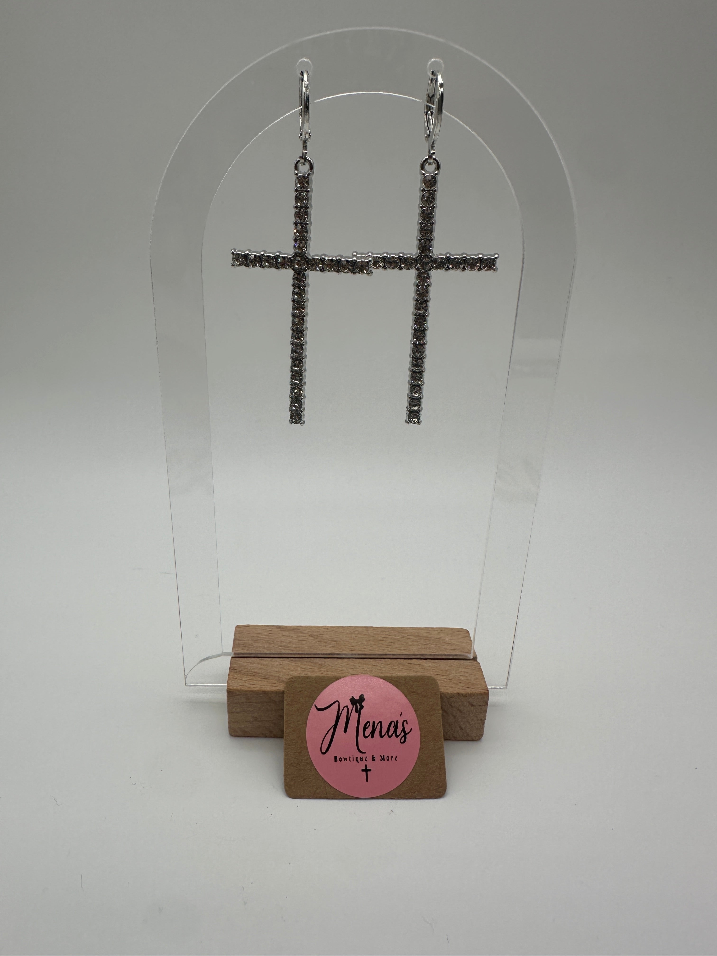 Cross Dangle Rhinestone Earrings- Silver