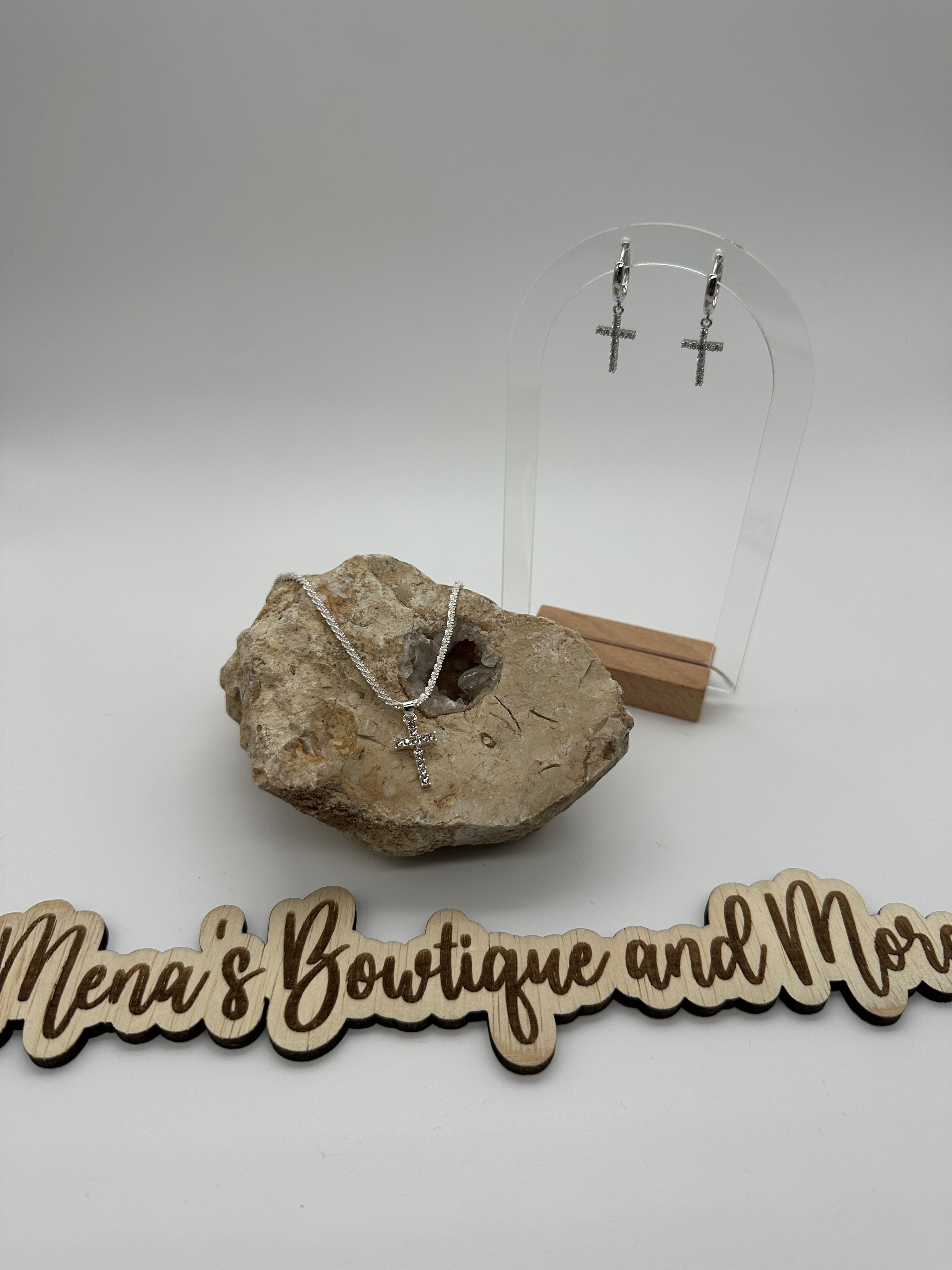 Cross Cubic Zirconia Necklaces & Earrings Assortment- Silver