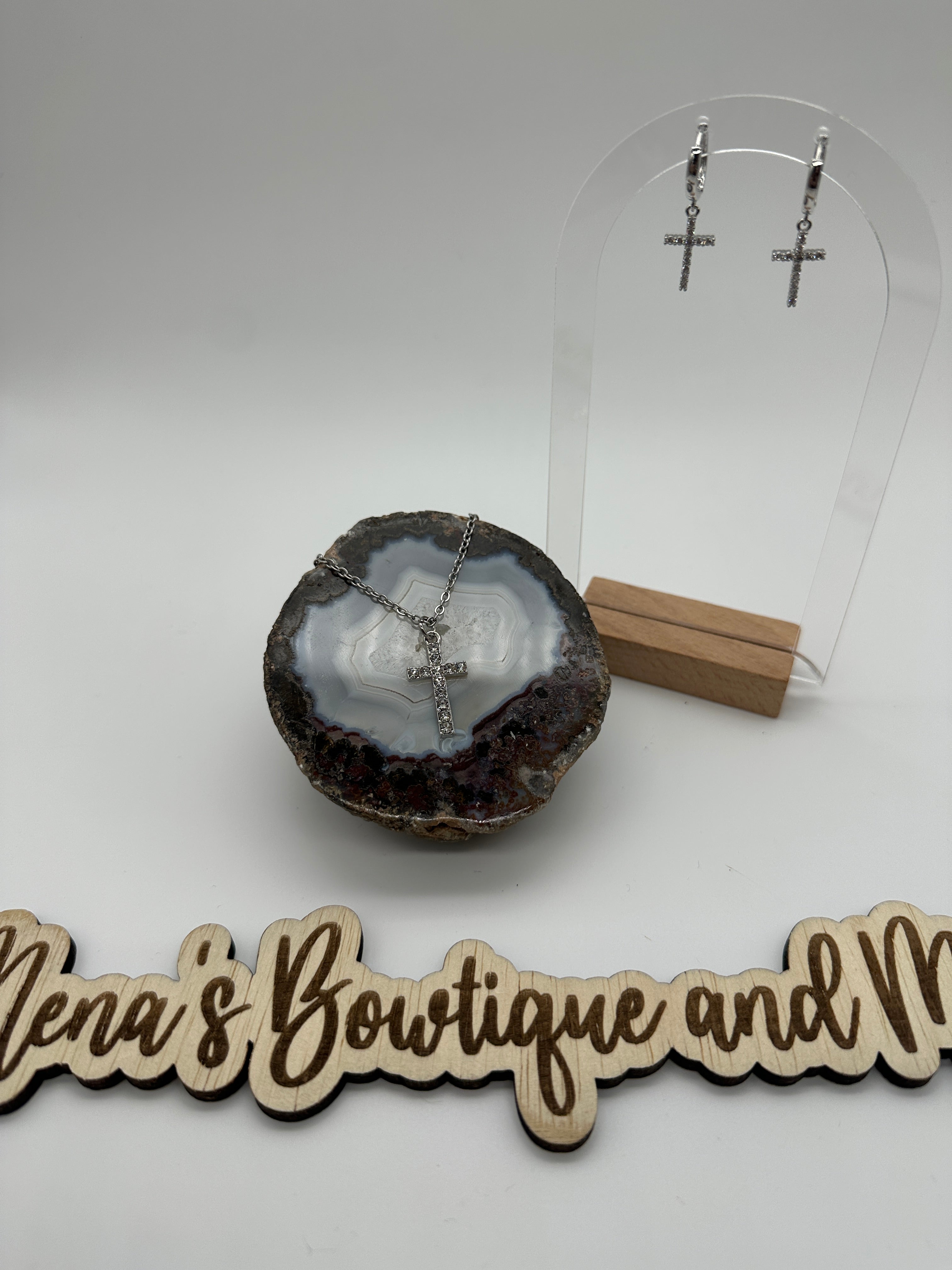 Cross Cubic Zirconia Necklaces & Earrings Assortment- Silver