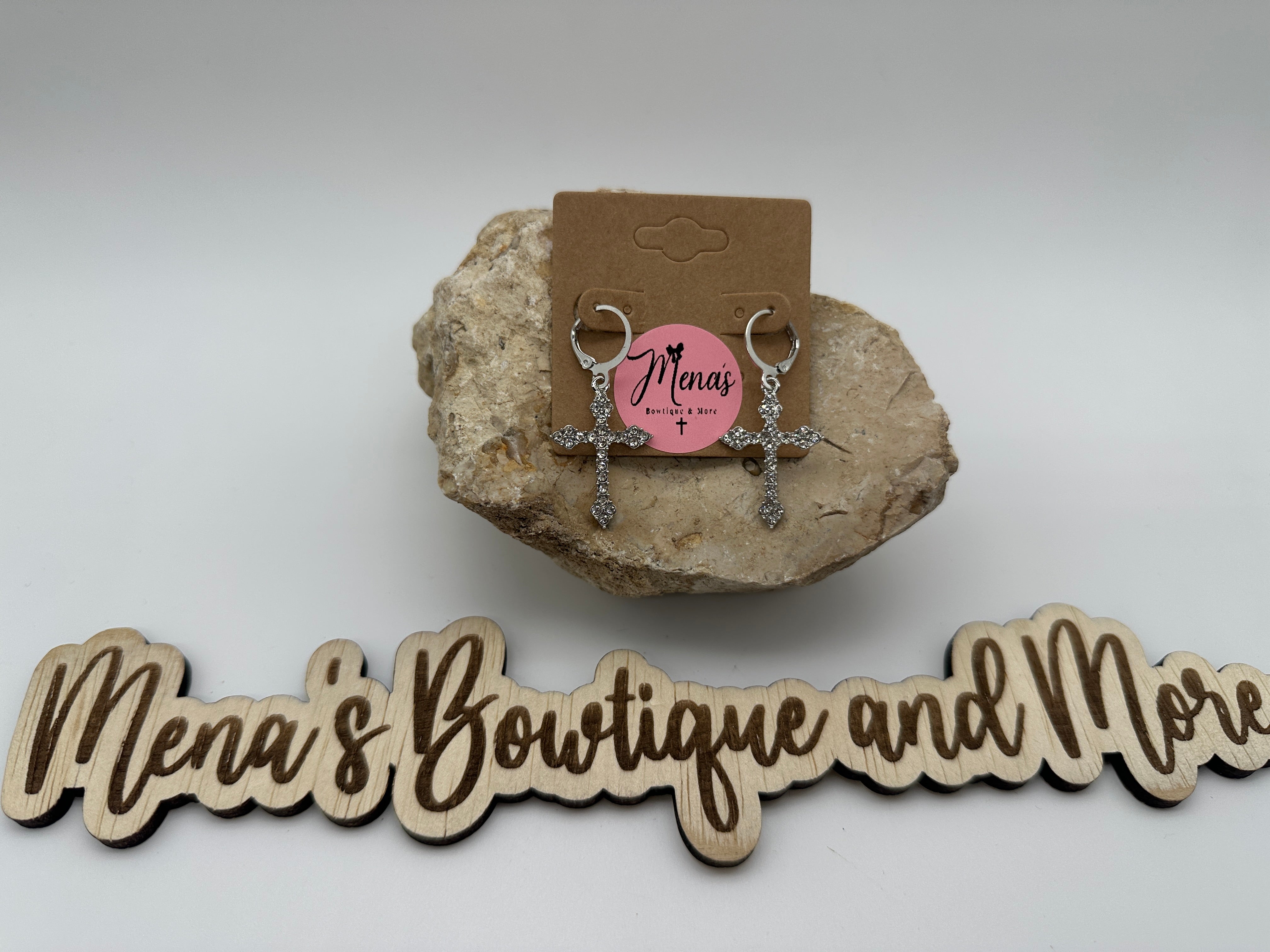 Cross Dangle Rhinestone Earrings- Silver