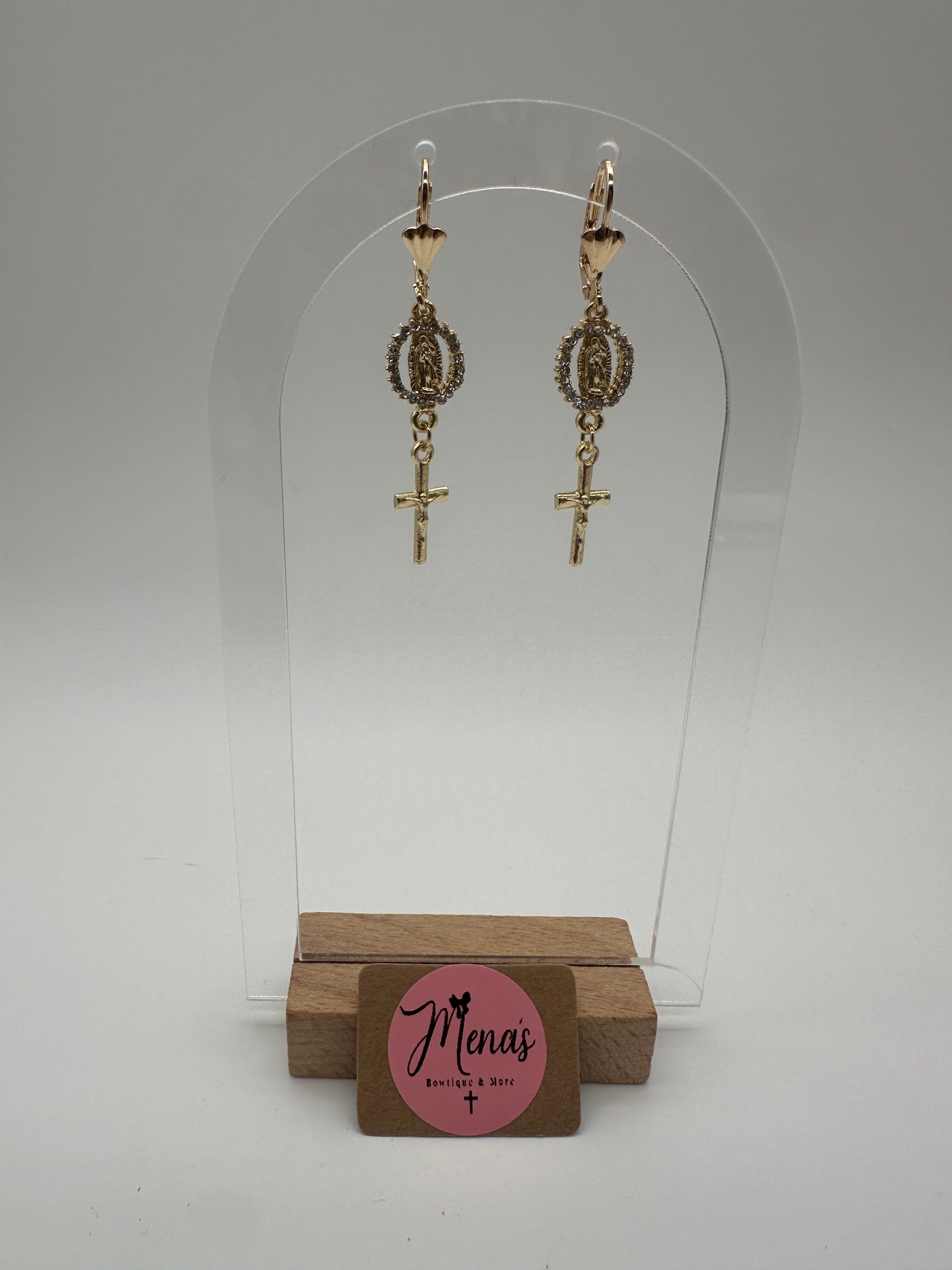 Virgen de Guadalupe Cross Dangle Earrings- Gold