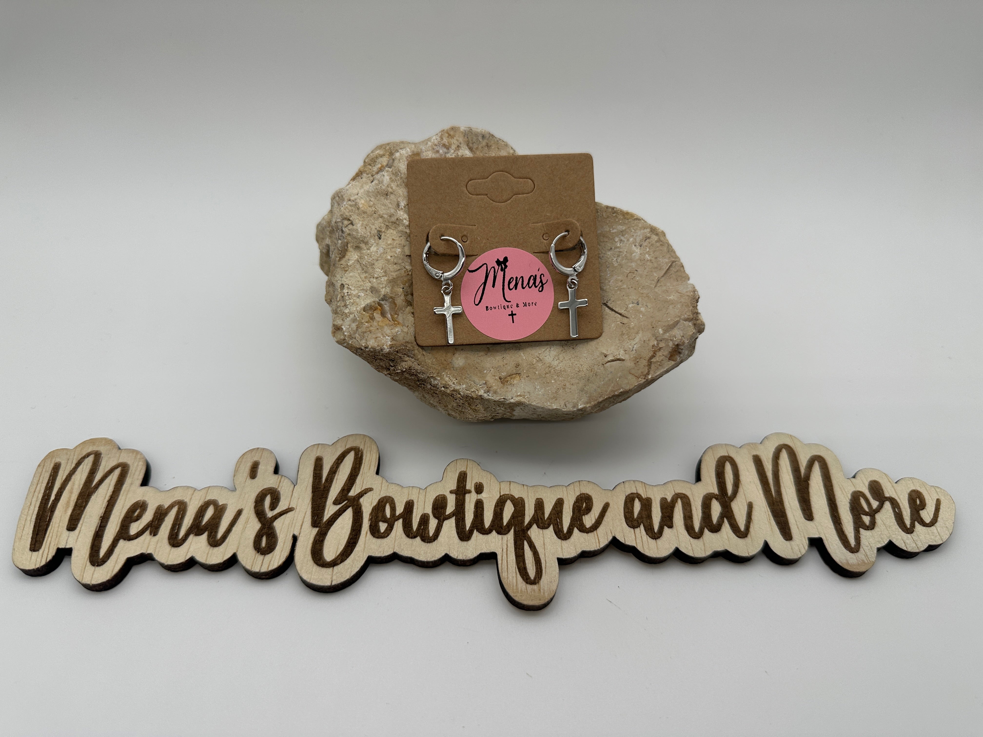 Simple Dangle Cross Necklace & Earrings- Silver