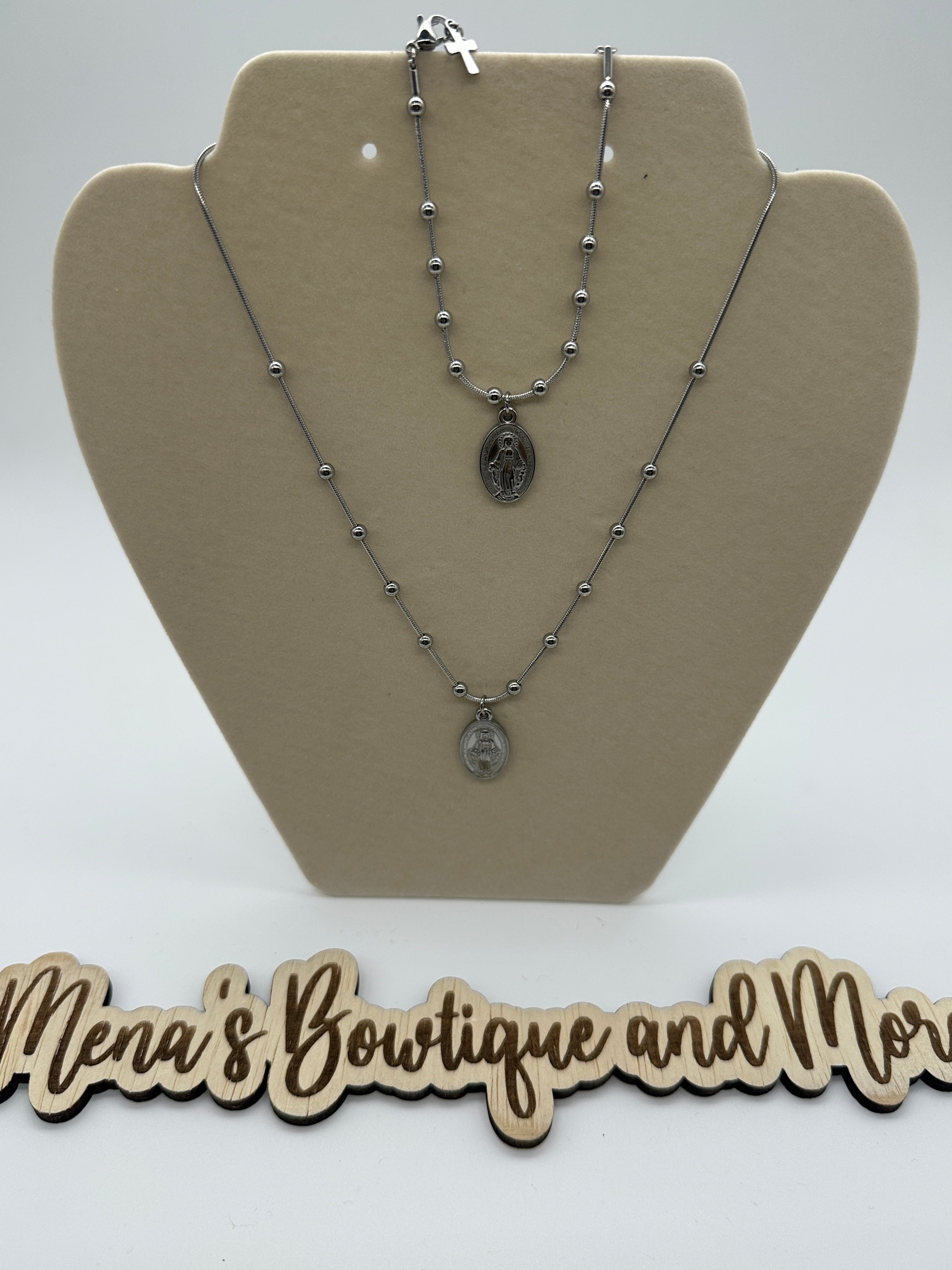 Miraculous Mary Beaded Necklace & Bracelet-Silver