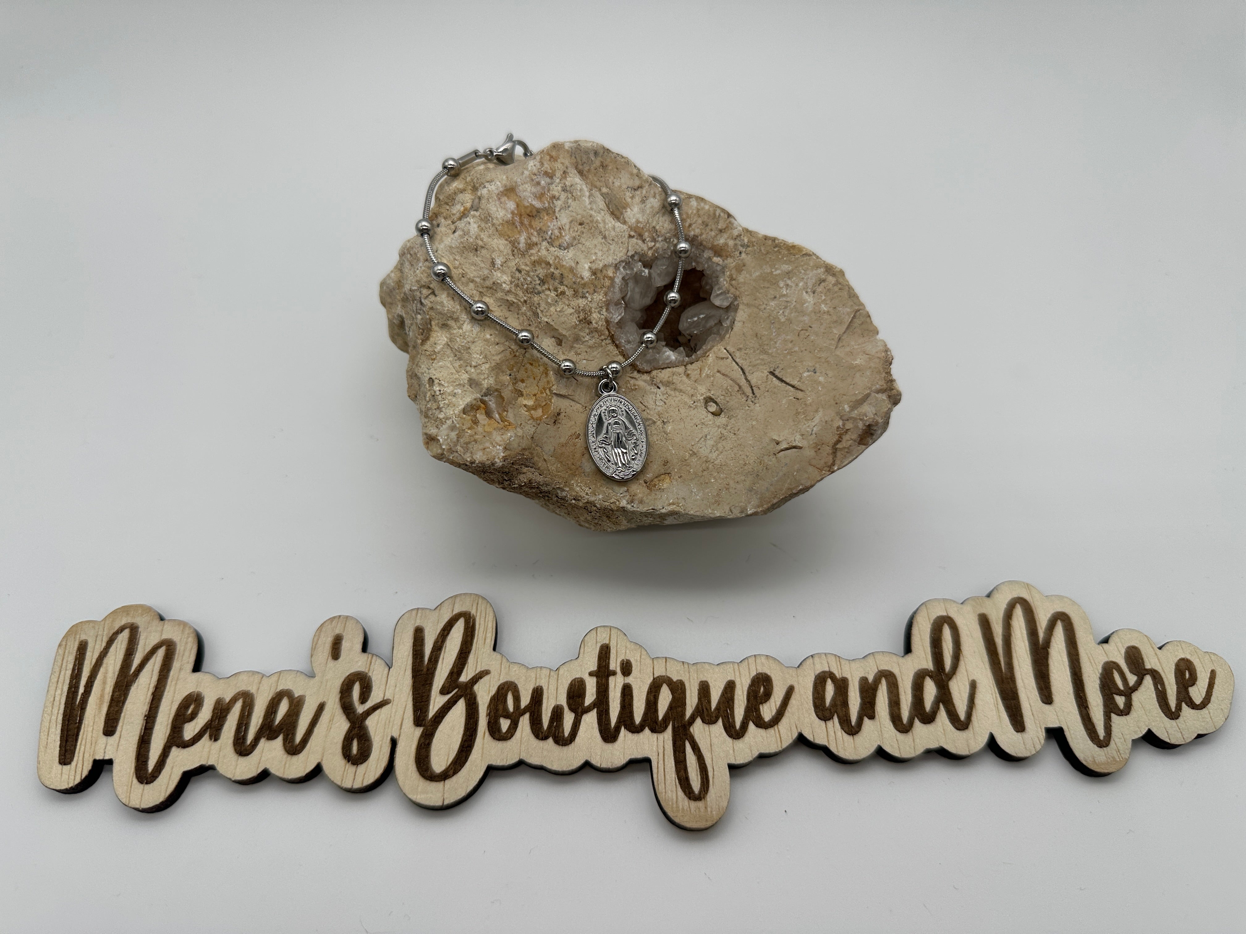 Miraculous Mary Beaded Necklace & Bracelet-Silver