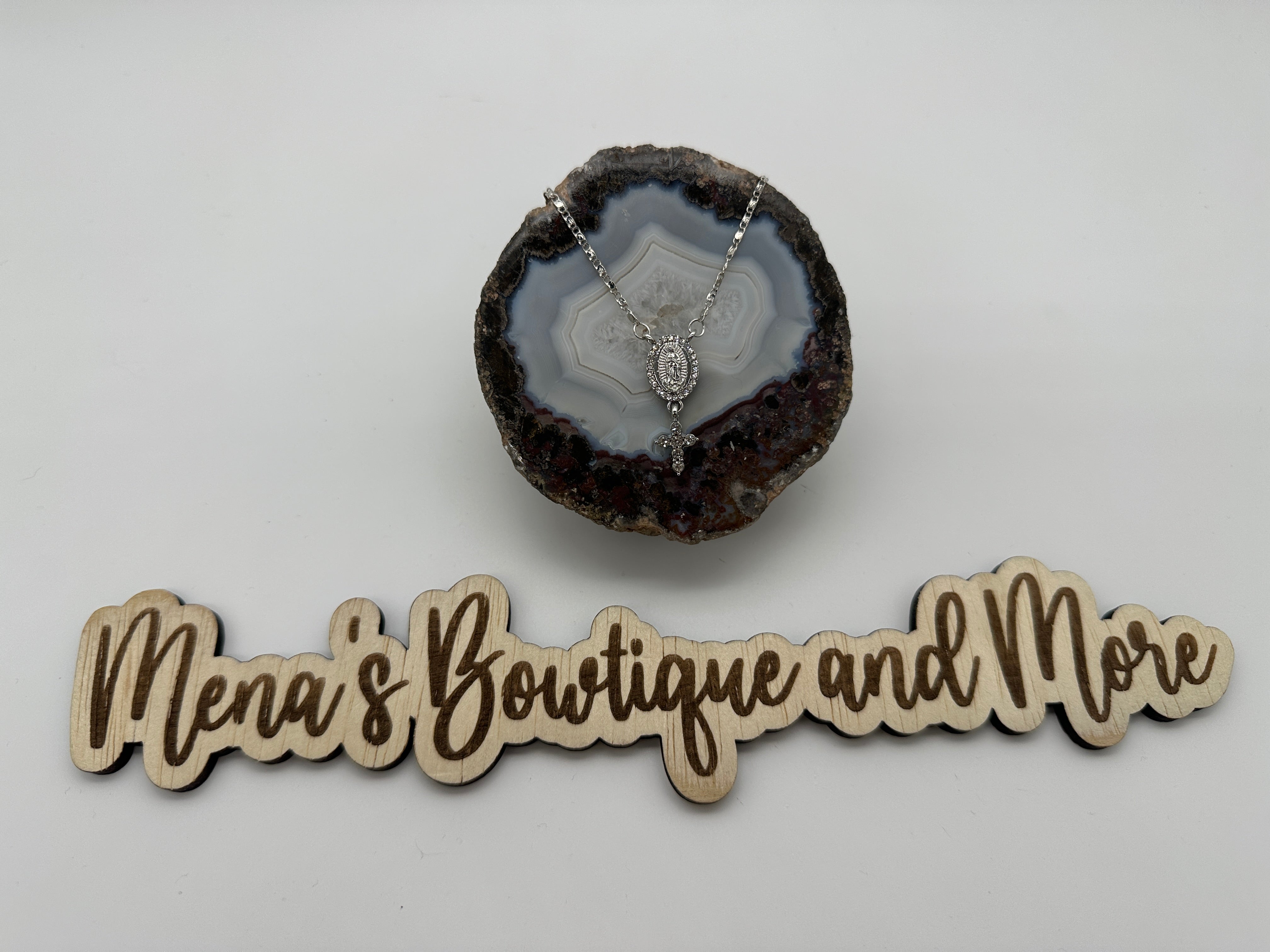 Virgen de Guadalupe Cross Rhinestone Necklace- Silver